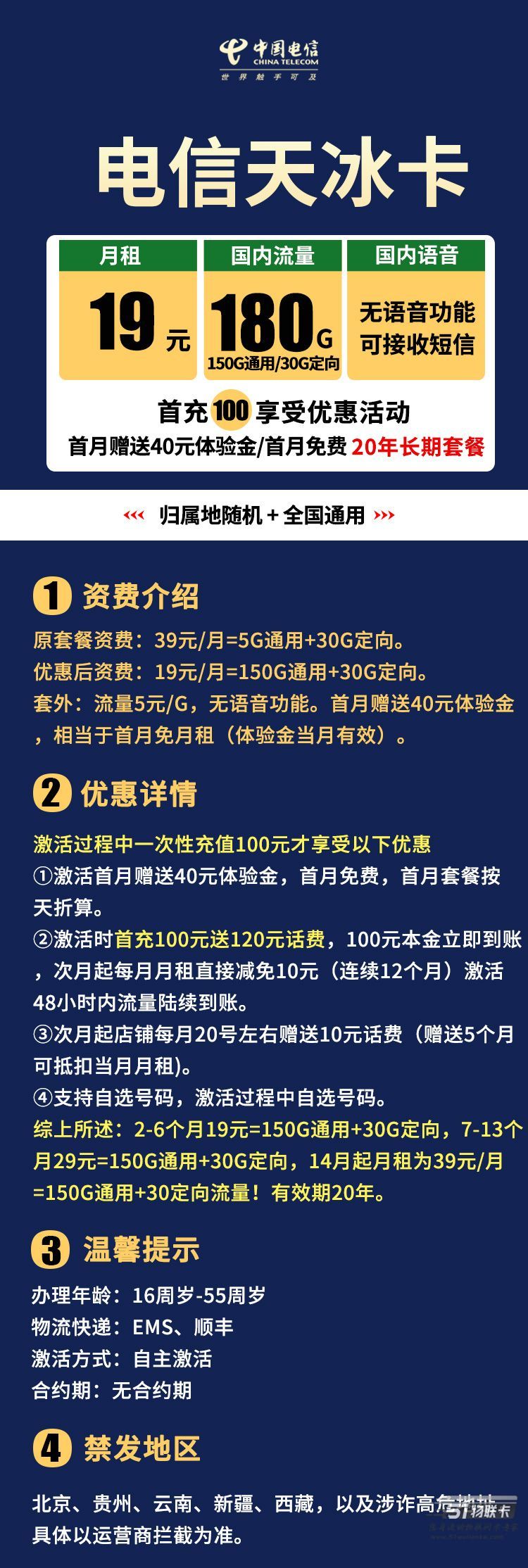 电信无通话功能流量卡，电信天冰卡19元180G流量-1